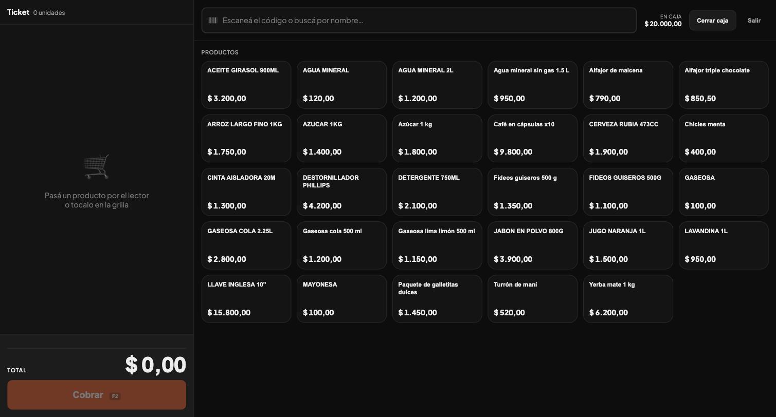 Kiosko de mostrador con grilla de productos y ticket en curso