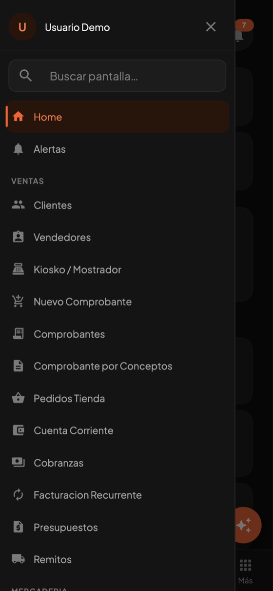 Cajón de navegación del ERP en un teléfono, con buscador de pantallas